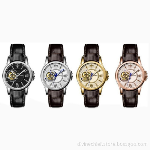 Factory Direct Color Leather Watch Strap Watch Fashion Skeleton Movement Men Watch